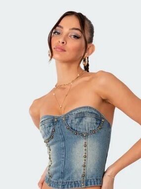Edikted Denim Studded Strapless Lace-up Corset Crop